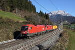 1016 024 und 1016 021 mit einem gemischten Gterzug auf dem Weg nach Wrgl. Aufgenommen am 4. November 2024 bei Pfaffenschwend.