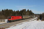 1116 275 mit  Schiebewandwagen  aus Salzburg kommend am 24. Januar 2022 bei Grabensttt im Chiemgau.