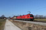 1116 192 & 1116 279 mit einem gemischten Gterzug auf dem Weg nach Salzburg am 28. Februar 2022 bei bersee am Chiemsee.