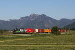 193 224 der  Wiener Lokalbahn Cargo  mit einem Containerzug aus Salzburg kommend am 31. Mai 2021 bei Bernau am Chiemsee.