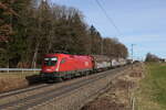 1116 125 war mit einem gemischten Gterzug am 21. Februar 202224 bei Hufschlag in Richtung Rosenheim unterwegs.