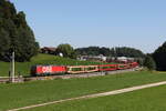 1293 021 war am 6. September 2023 mit einem leeren Autozug bei Axdorf in Richtung Mnchen unterwegs.
